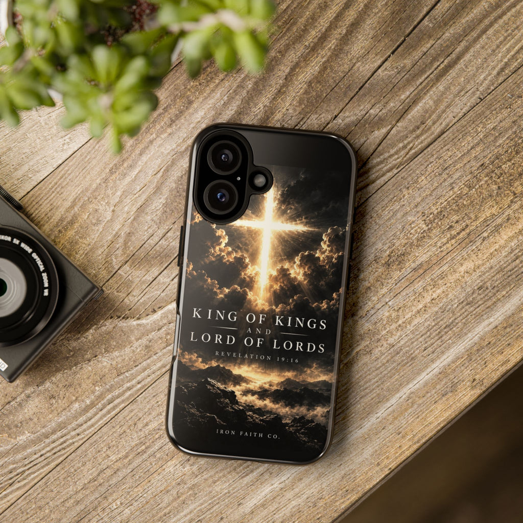 The King of Kings Revelation 19:16 Phone Case shown in a styled everyday scene (product mockup)
