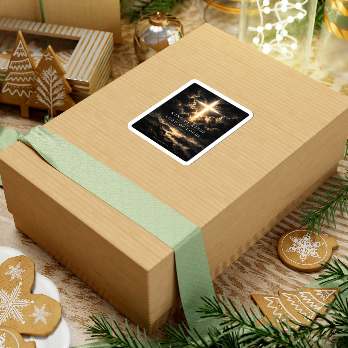 The King of Kings Revelation 19:16 Sticker shown in a styled everyday scene (product mockup)
