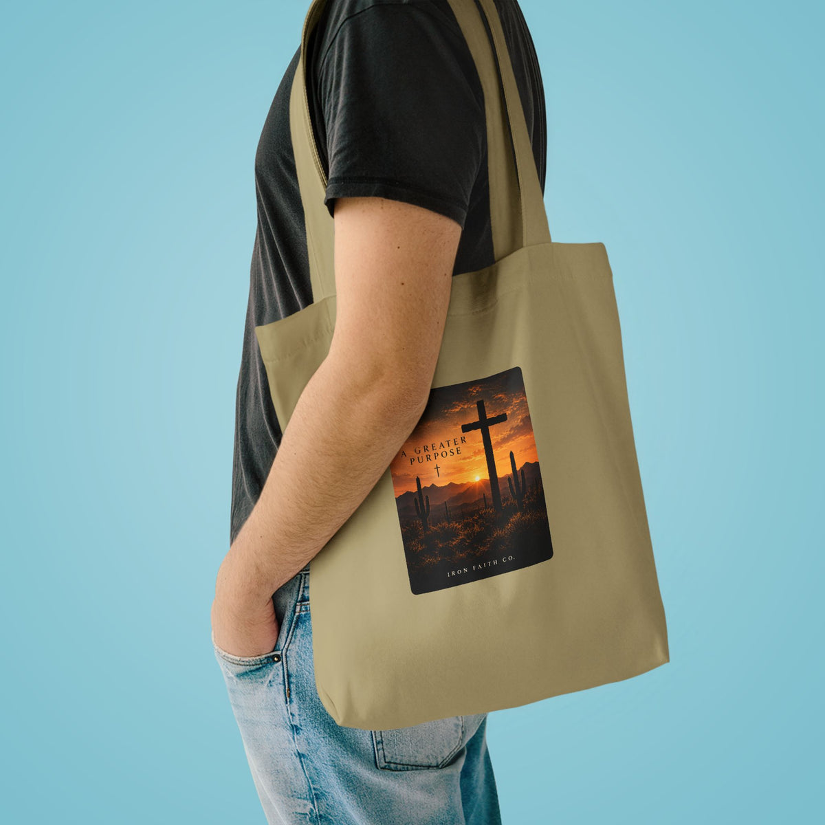 The A Greater Purpose Tote Bag shown in a styled everyday scene (product mockup)