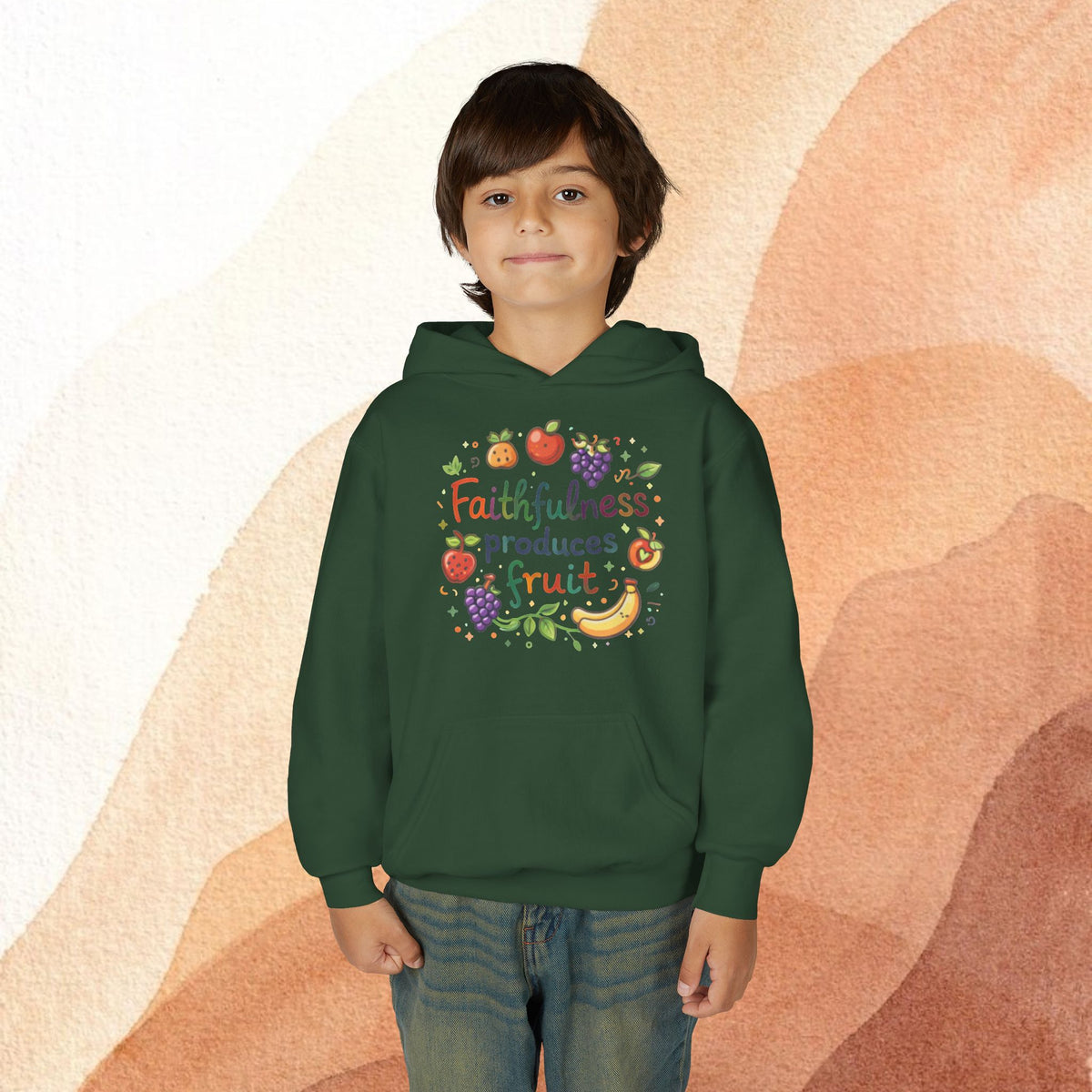 Youth Hoodie — "Faithfulness Produces Fruit" Kids Hooded Sweatshirt
