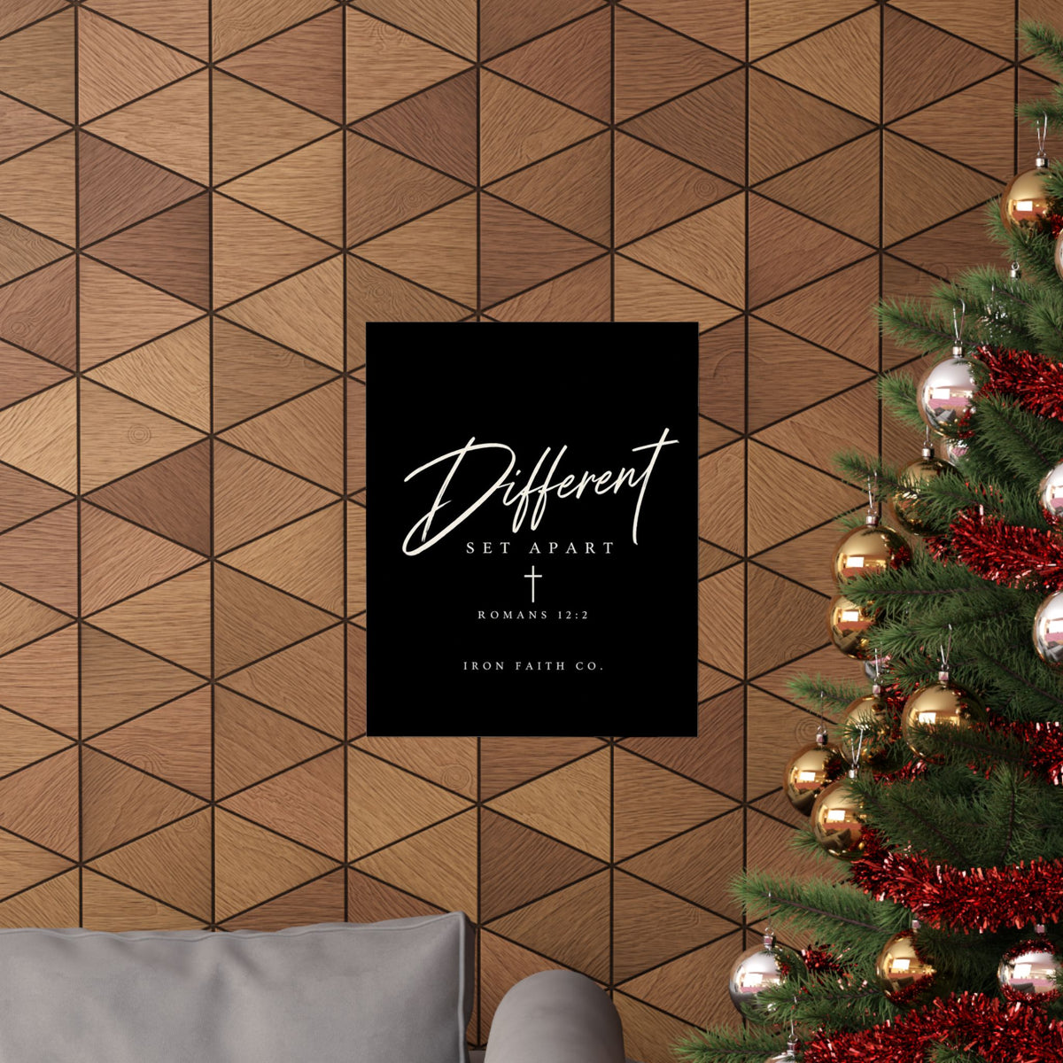 The Different Romans 12:2 Poster shown in a styled everyday scene (product mockup)