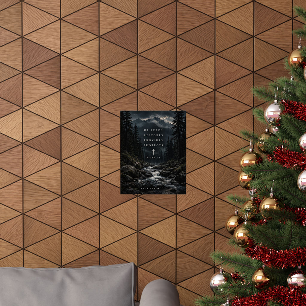 The He Leads Psalm 23 Poster shown in a styled everyday scene (product mockup)