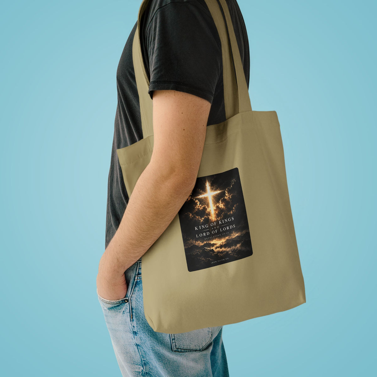 The King of Kings Revelation 19:16 Tote Bag shown in a styled everyday scene (product mockup)