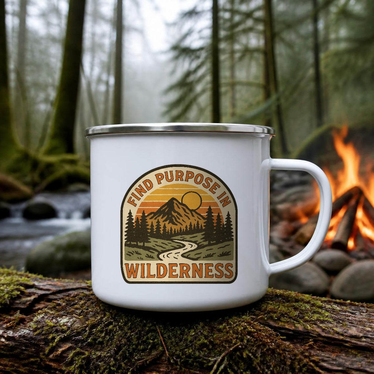 Find Purpose in the Wilderness Enamel Camp Mug (white enamel) on a mossy log beside a campfire – digital mockup