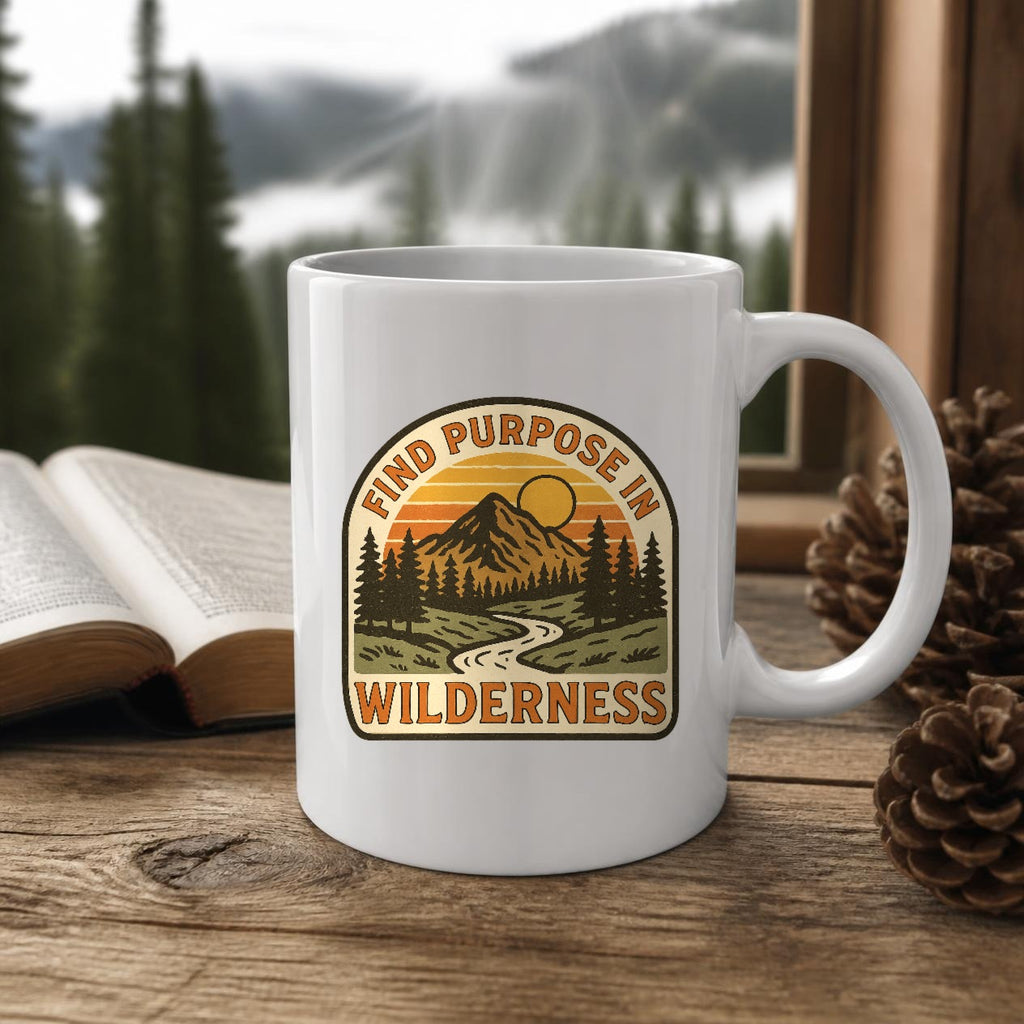 Find Purpose in the Wilderness Mug (white ceramic) on a wooden table by a window with a Bible and pinecones – digital mockup
