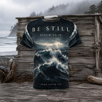 Lifestyle image (digitally composited, real print artwork): Be Still all-over print tee product mockup displayed on a driftwood wall on a misty Pacific Northwest beach