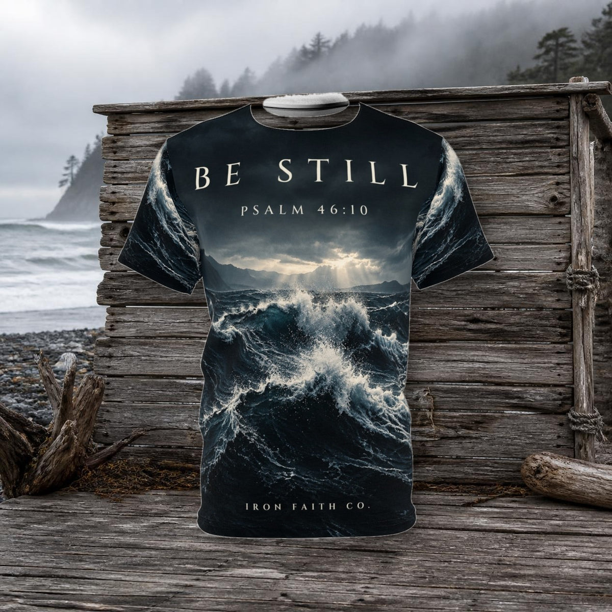 Lifestyle image (digitally composited, real print artwork): Be Still all-over print tee product mockup displayed on a driftwood wall on a misty Pacific Northwest beach