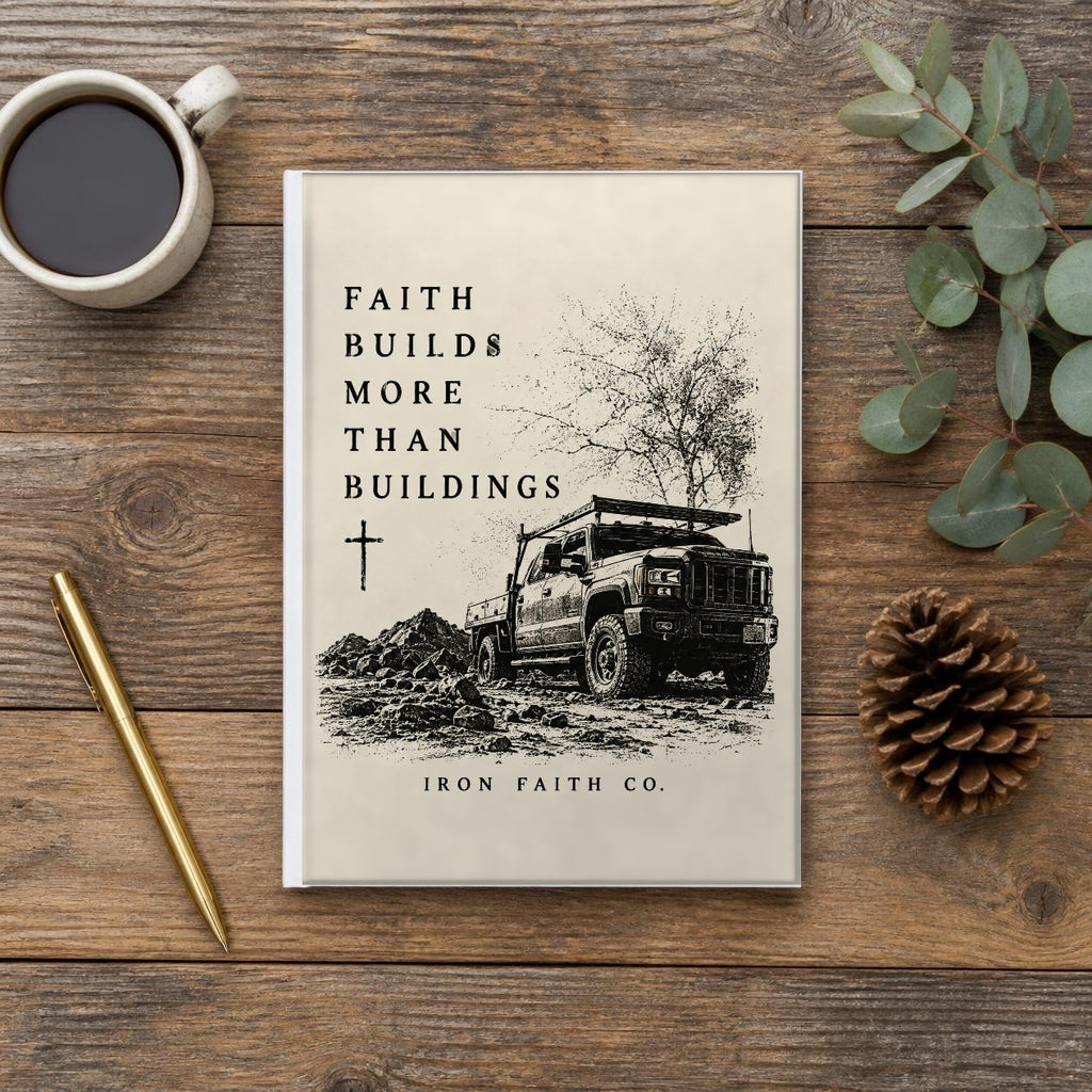 The Faith Builds More Than Buildings Hardcover Journal on a wooden table with coffee, a pen and a pine cone (digitally composited scene image)