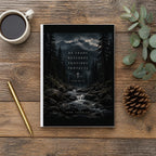 The He Leads Psalm 23 Hardcover Journal on a wooden table with coffee, a pen and a pine cone (digitally composited scene image)
