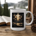 The King of Kings Revelation 19:16 Mug (11oz, white) on a wooden cabin table with an open Bible and pine cones (digitally composited scene image)