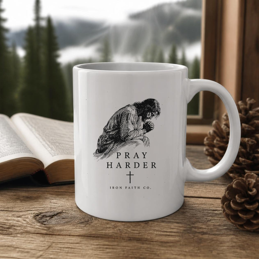 The Pray Harder Mug (11oz, white) on a wooden cabin table with an open Bible and pine cones (digitally composited scene image)