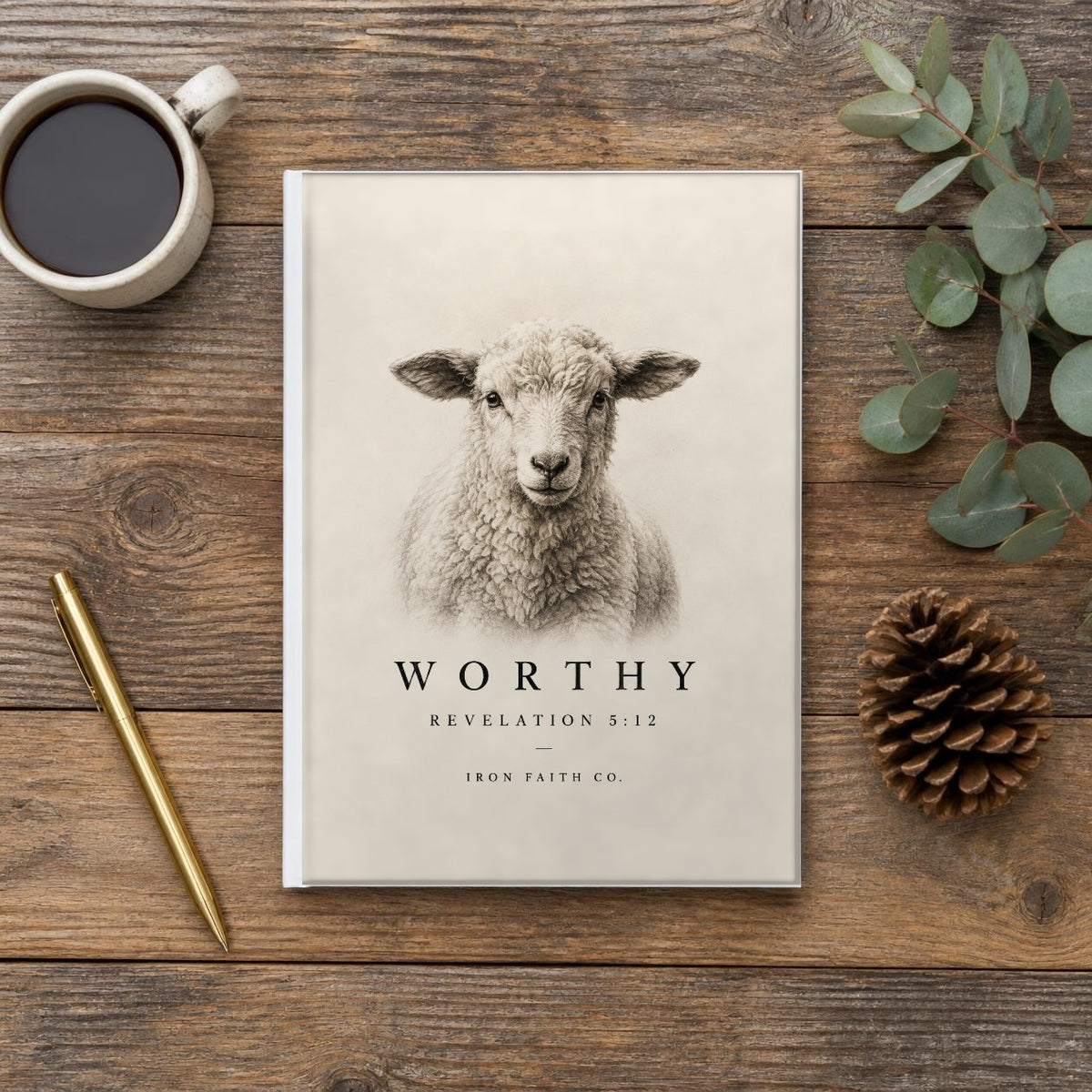 The Worthy Revelation 5:12 Hardcover Journal on a wooden table with coffee, a pen and a pine cone (digitally composited scene image)