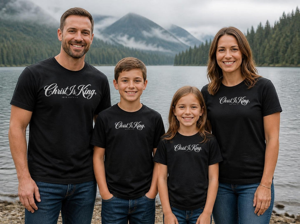 Lifestyle image (digitally composited, real print artwork at true print size): Christ Is King tees on a fictional family of four at a Pacific Northwest lake (adult, women's and youth sizes)