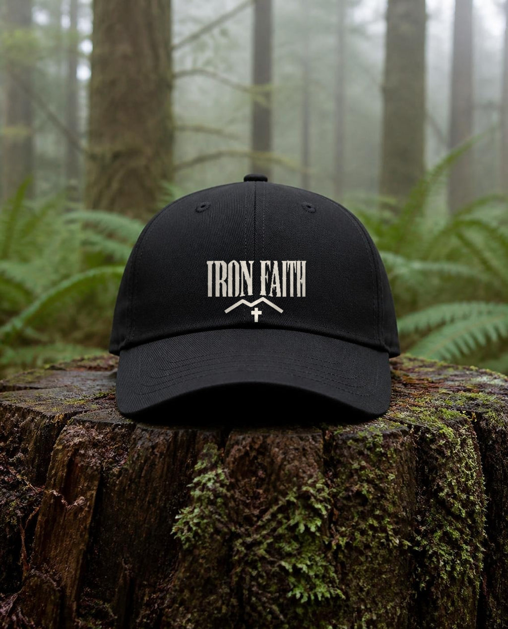 Built on a Higher Standard Dad Hat in Black shown outdoors (digitally composited lifestyle image)