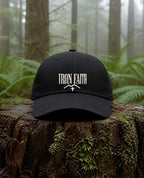 Built on a Higher Standard Dad Hat in Black shown outdoors (digitally composited lifestyle image)