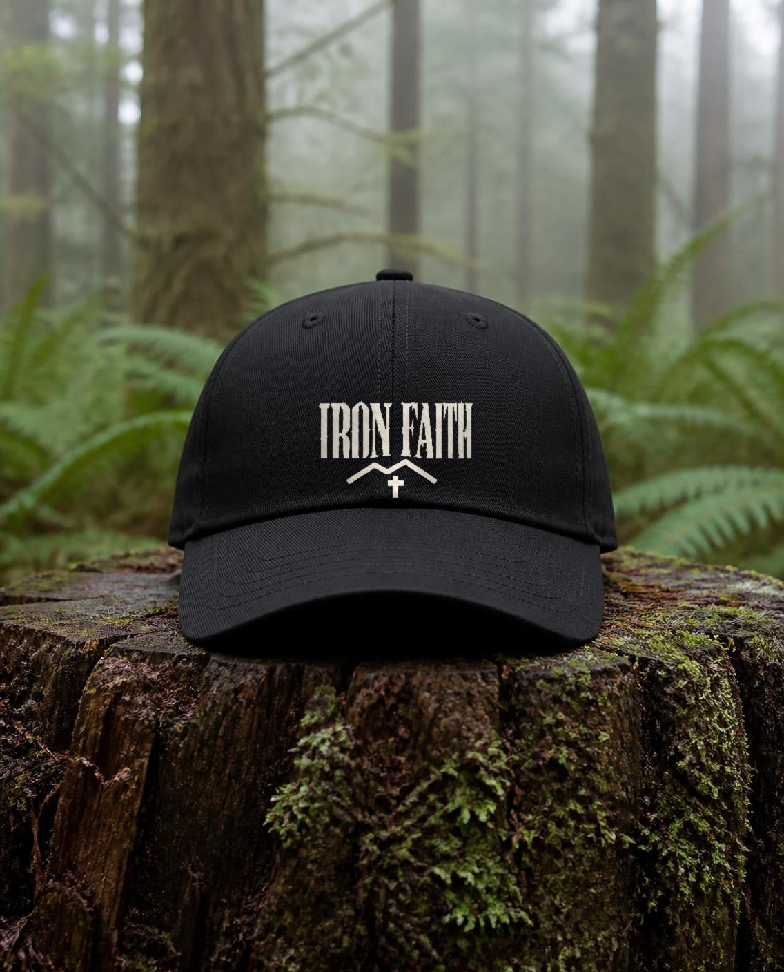 Built on a Higher Standard Dad Hat in Black shown outdoors (digitally composited lifestyle image)