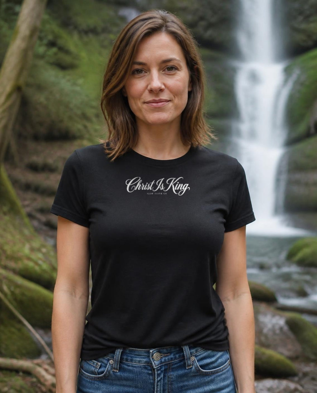 Fictional model wearing the Christ Is King Women's Fitted Tee in Black, Pacific Northwest scene (digitally composited lifestyle image)