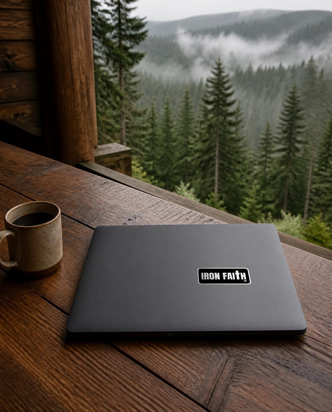 Iron Faith Co. Wordmark Sticker shown on an outdoor surface (digitally composited lifestyle image)