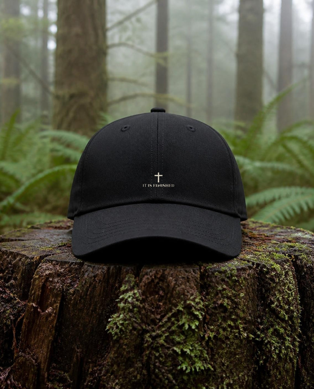 It Is Finished Dad Hat in Black shown outdoors (digitally composited lifestyle image)