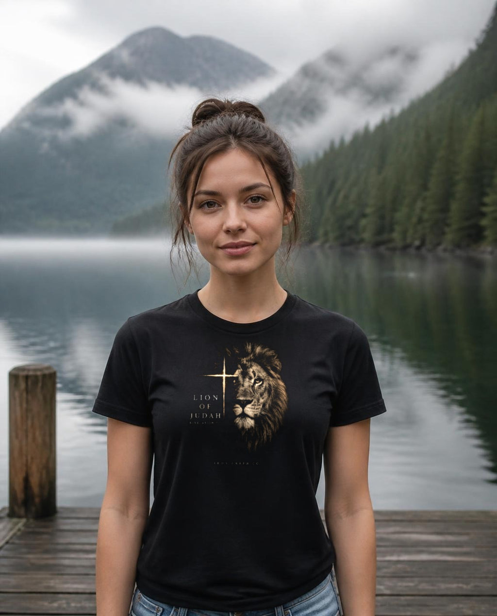 Fictional model wearing the Lion of Judah Women's Fitted Tee in Black, Pacific Northwest scene (digitally composited lifestyle image)
