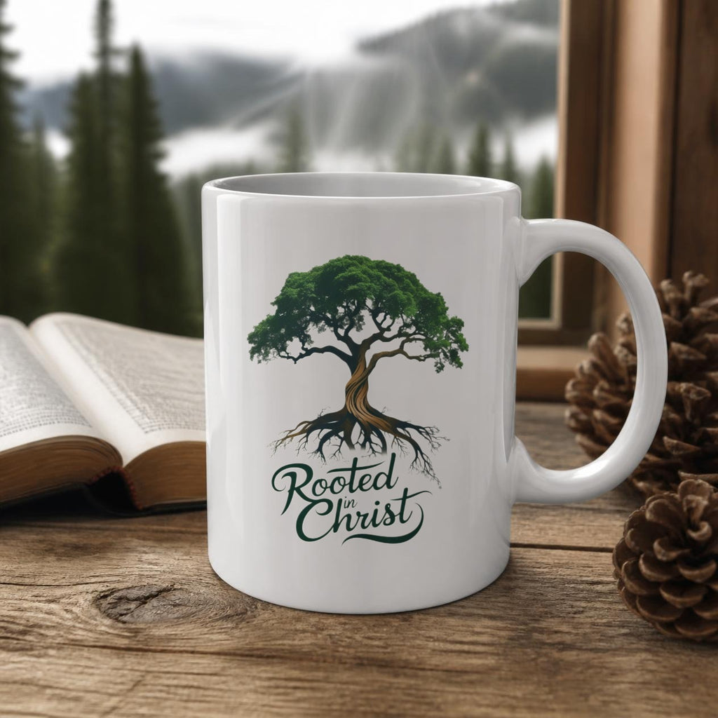 Rooted in Christ Mug (white ceramic) on a wooden table by a window with a Bible and pinecones – digital mockup